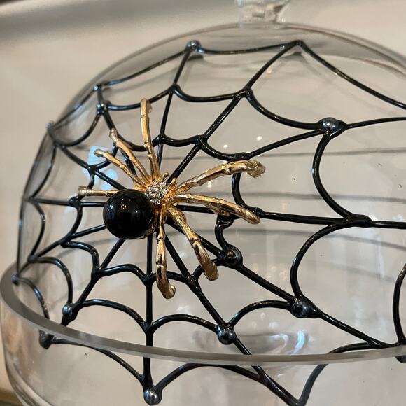 Gorgeous Halloween Glass Cloche 15in Jeweled Spider on Web Cake Dome Pedestal - Picture 6 of 10